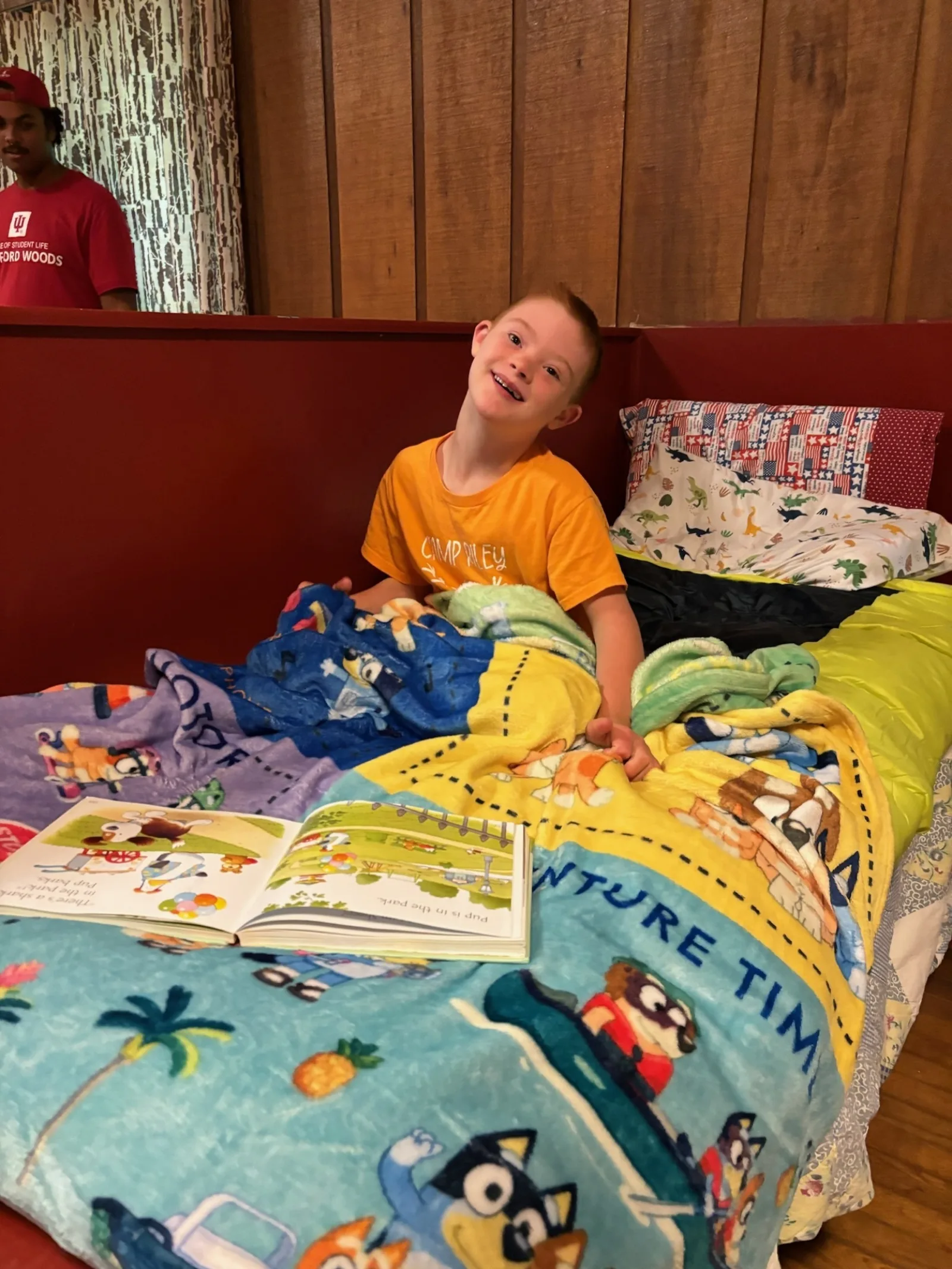 Luke hangs out in cabin bunkhouse