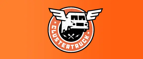 A bright orange rectangle. In the middle of the rectangle are the words Cluster Truck in white letters with a white food truck with wings in the circle.