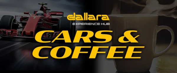 A black background displaying an Indy car with a cup of coffee in the foreground. The words read Dallara Cars and Coffee.