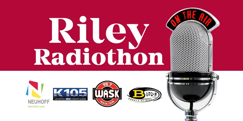 Riley Radio with microphone and radio station logos.