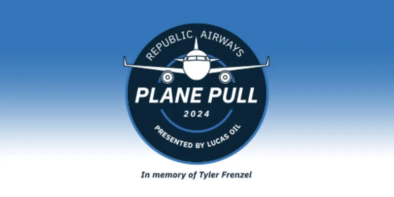 A blue circle with an airplane and the circle says Republic Airways Plane Pull 2024 Presented by Lucas Oil. In memory of Tyler Frenzel