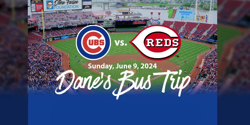 An image of a baseball field that says Dane's Bus Trip