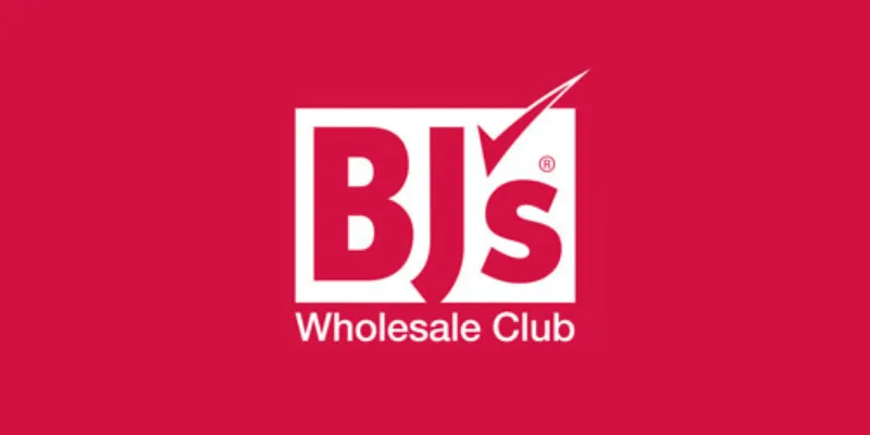 A red rectangle with white letters that read BJs Wholesale Club